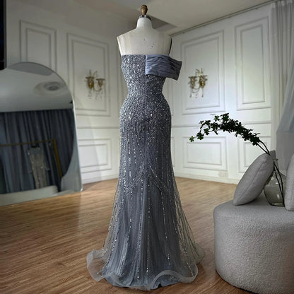 Luxury Dubai Arabic Green Mermaid Elegant One Shoulder Beaded Long Evening Dresses Gowns for Formal Occasion LA72650 - SERENE HILL