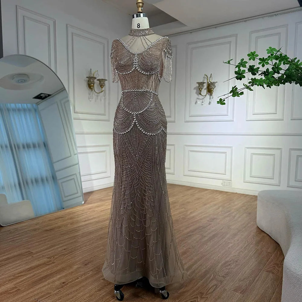 Luxury Turquoise High Neck Beaded Tassel Evening Dress for Women LA73112 - SERENE  HILL