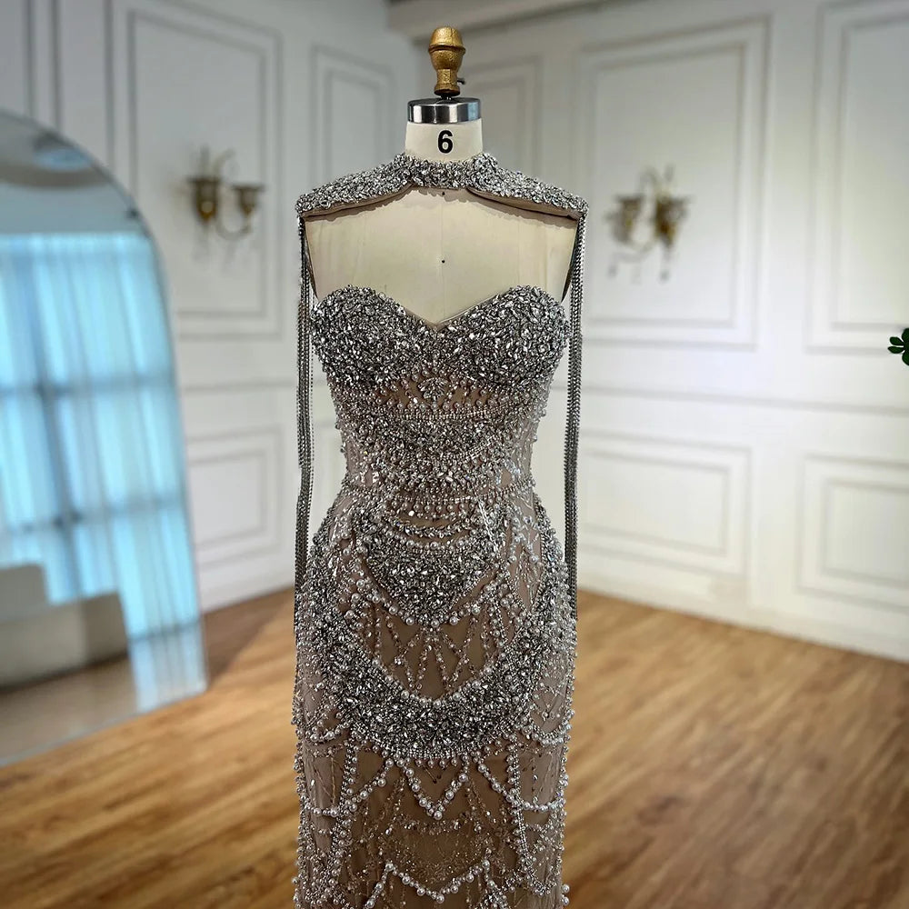Luxury Dubai Nude Beaded Evening Dress with Tassel Short Cape LA72876 - SERENE HILL