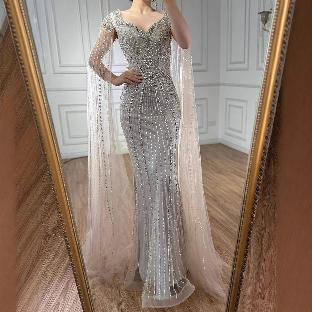 Luxury Arabic Nude Beaded Evening Dress with Cape Sleeves LA73181 Blue / 12