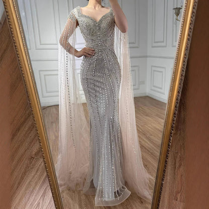 Luxury Arabic Nude Beaded Evening Dress with Cape Sleeves LA73181 - SERENE HILL
