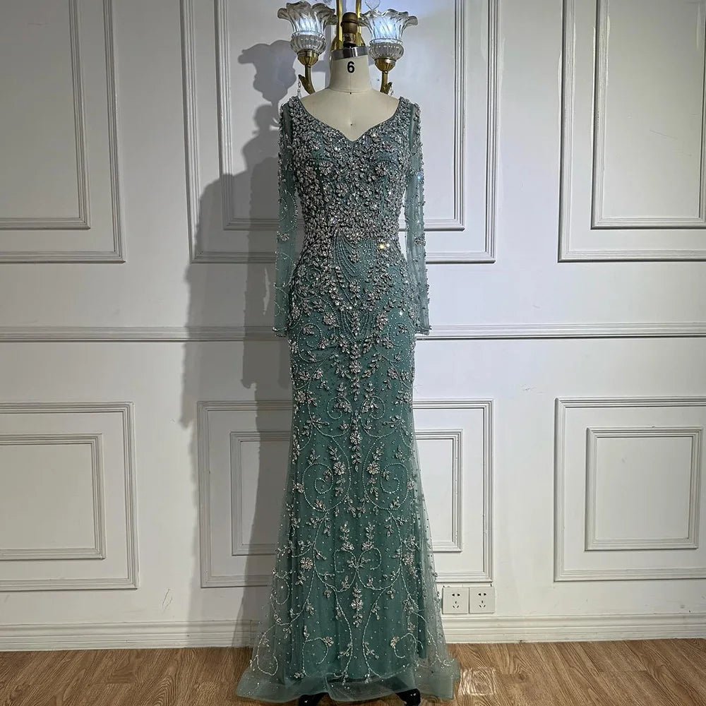 Luxury Nude Beaded Crystal Evening Dress with Long Sleeves LA73042 - SERENE HILL