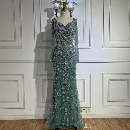 Luxury Nude Beaded Crystal Evening Dress with Long Sleeves LA73042 - SERENE HILL