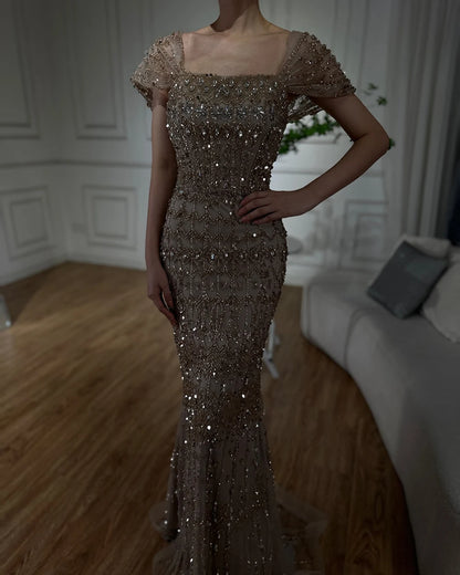 Luxury Dubai White Mermaid Beaded Evening Dress with Cape Sleeves LA72714 - SERENE HILL