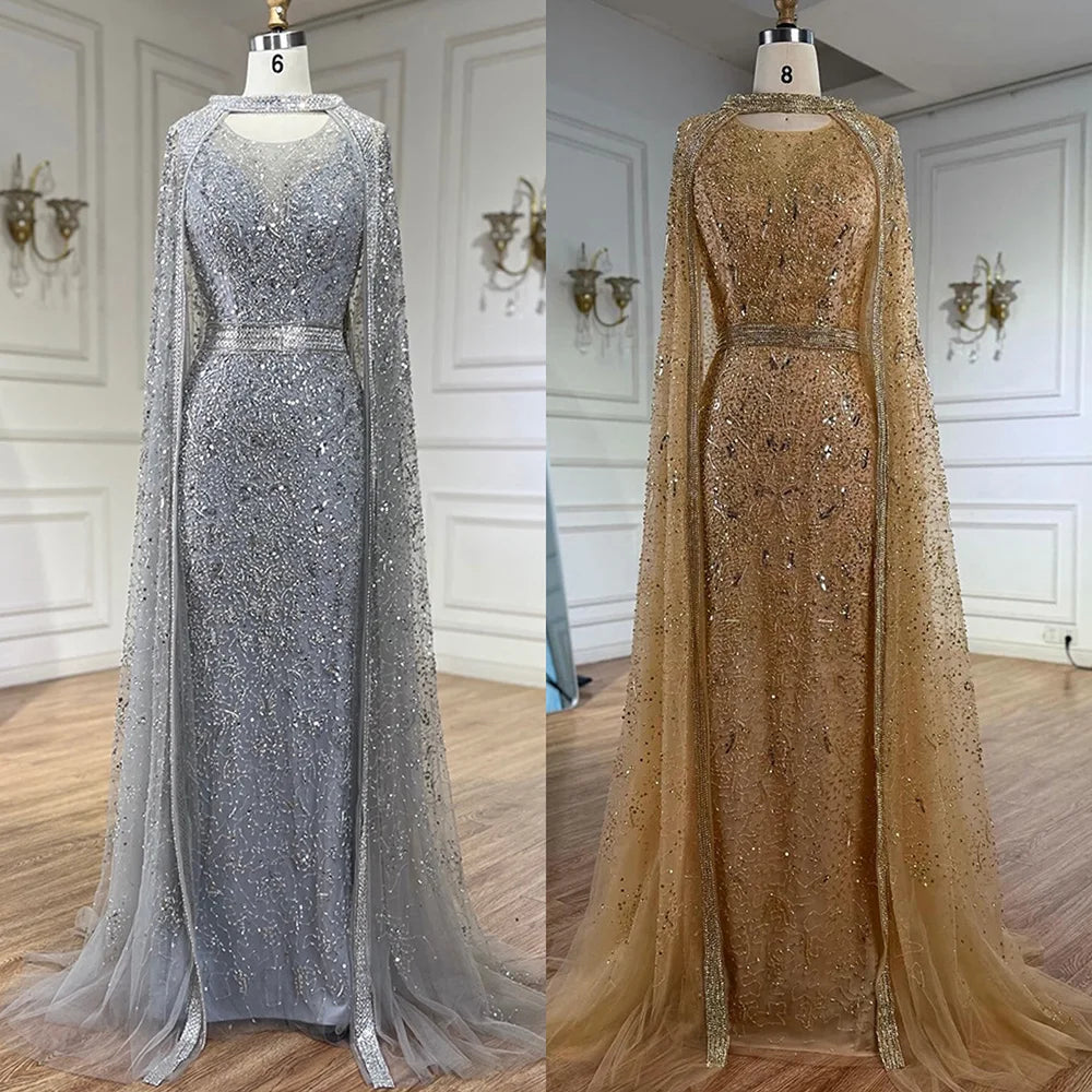 Luxury Gray Arabic Mermaid Evening Dress with Cape LA72180 - SERENE HILL