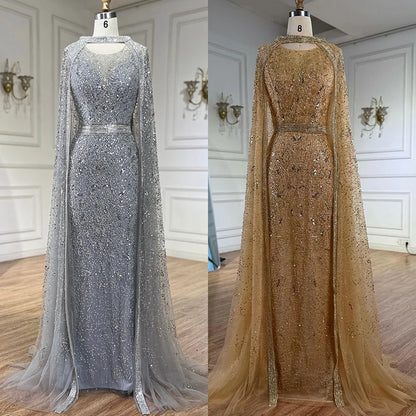 Luxury Gray Arabic Mermaid Evening Dress with Cape LA72180 - SERENE HILL
