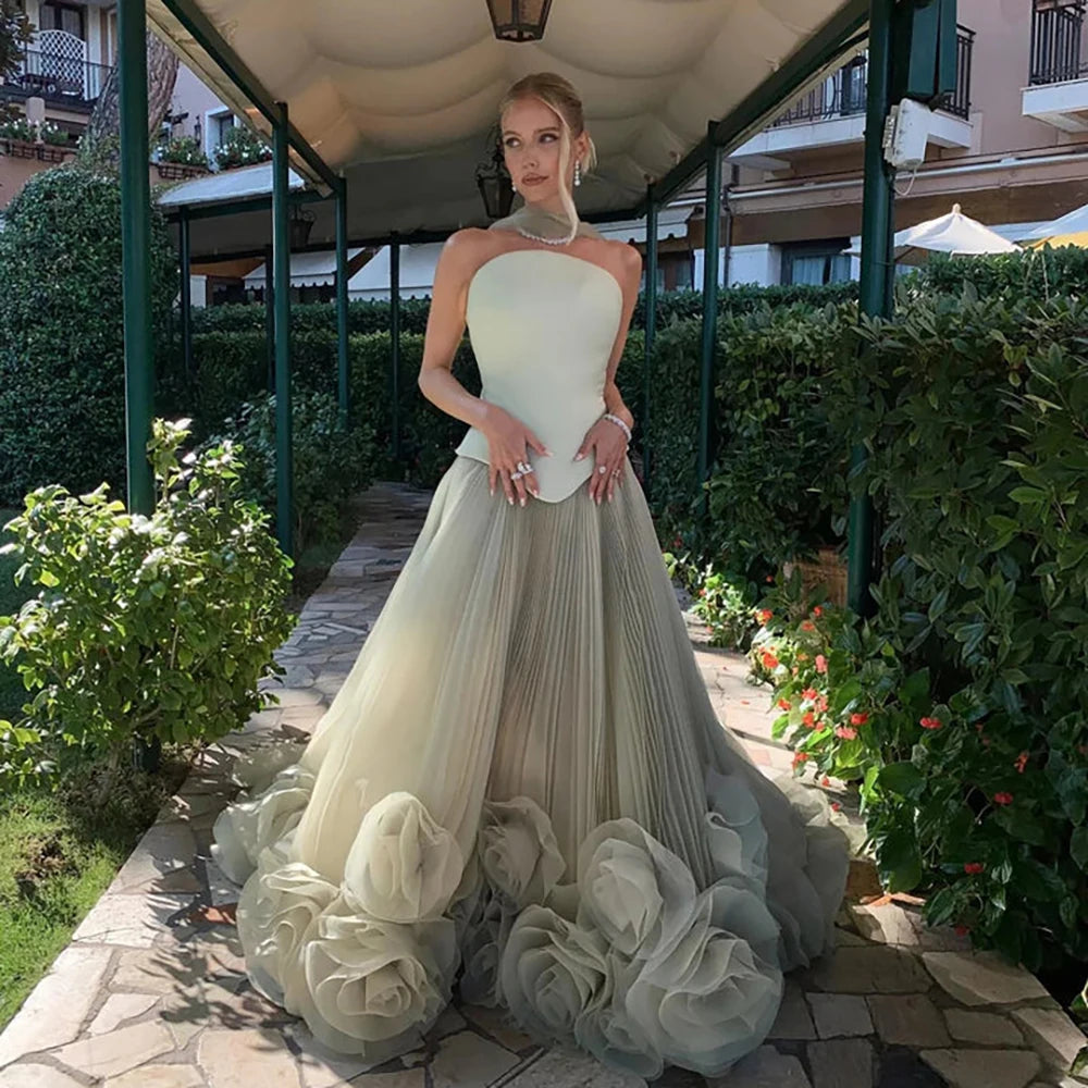 Elegant Sage Green 3D Flowers A Line Evening Dresses Gowns LA72913 - SERENE HILL