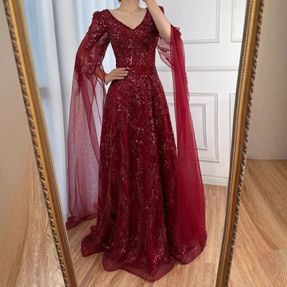 Luxury Wine Red A-Line Luxury Beaded Evening Dress with Cape LA73127 - SERENE HILL
