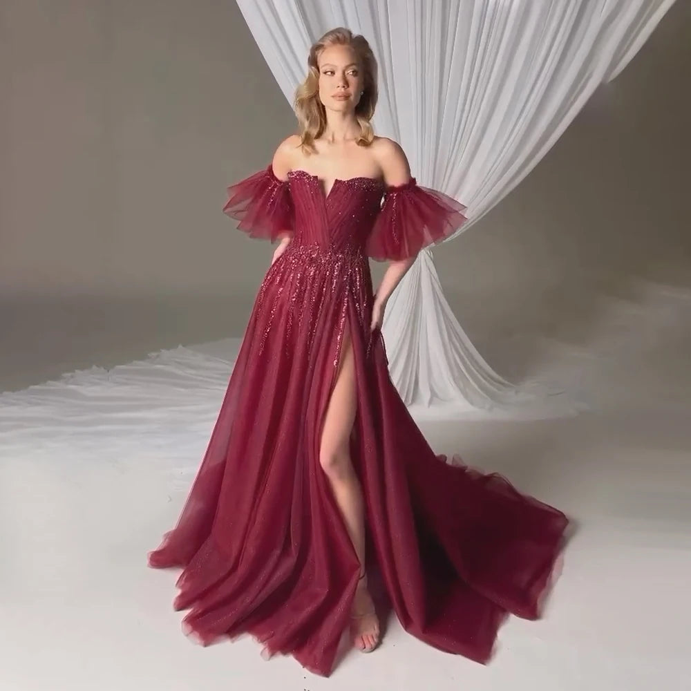 Wine Red A-Line High Slit Evening Gown with Detachable Short Sleeves LA72938 - SERENE HILL