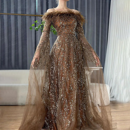 Off Shoulder Feathers Brown Evening Dress with Cape Sleeves LA72401 - SERENE HILL