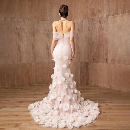 Elegant pink 3D flower off-shoulder evening dress LA72943 - SERENE HILL