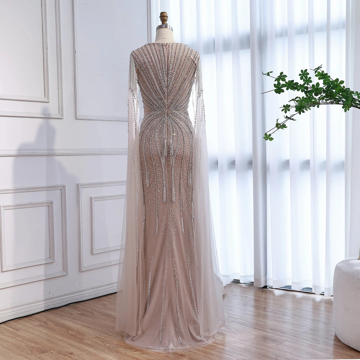 Luxury Caramel Beaded Evening Dress With Cape LA72992A - SERENE HILL
