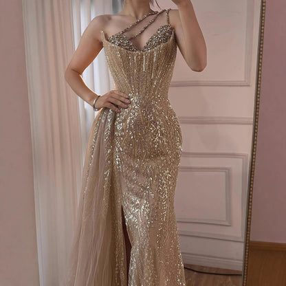Luxury Nude Crystal Beaded One-Shoulder Evening Dress with Overskirt LA73161 - SERENE HILL