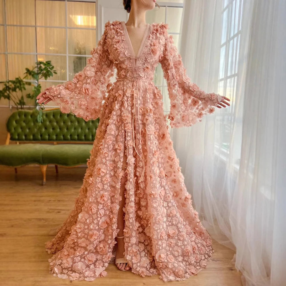 Blush Peach-Pink 3D Flowers Evening Dresses with Bell Long Sleeves LA72960 - SERENE HILL