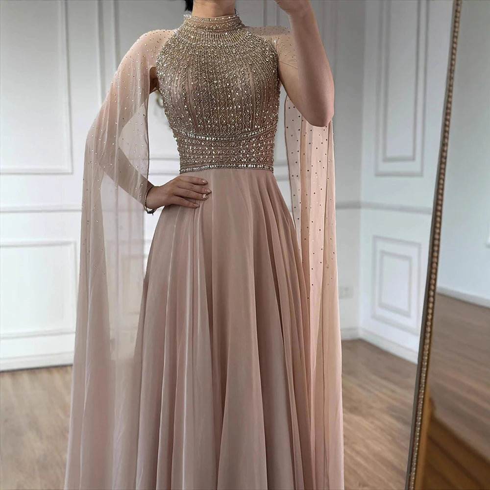 Luxury Nude Chiffon Beaded Evening Dress with Cape LA73144 - SERENE HILL