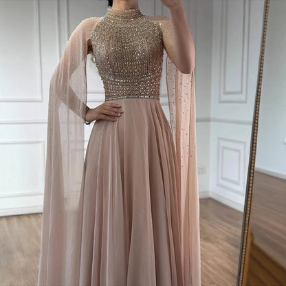 Luxury Nude Chiffon Beaded Evening Dress with Cape LA73144 - SERENE HILL
