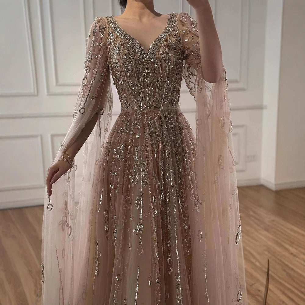 Luxury Nude Beaded Evening Dress with Cape Sleeves for Formal Occasion LA72764A - SERENE HILL