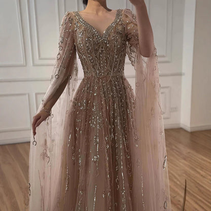 Luxury Nude Beaded Evening Dress with Cape Sleeves for Formal Occasion LA72764A - SERENE HILL