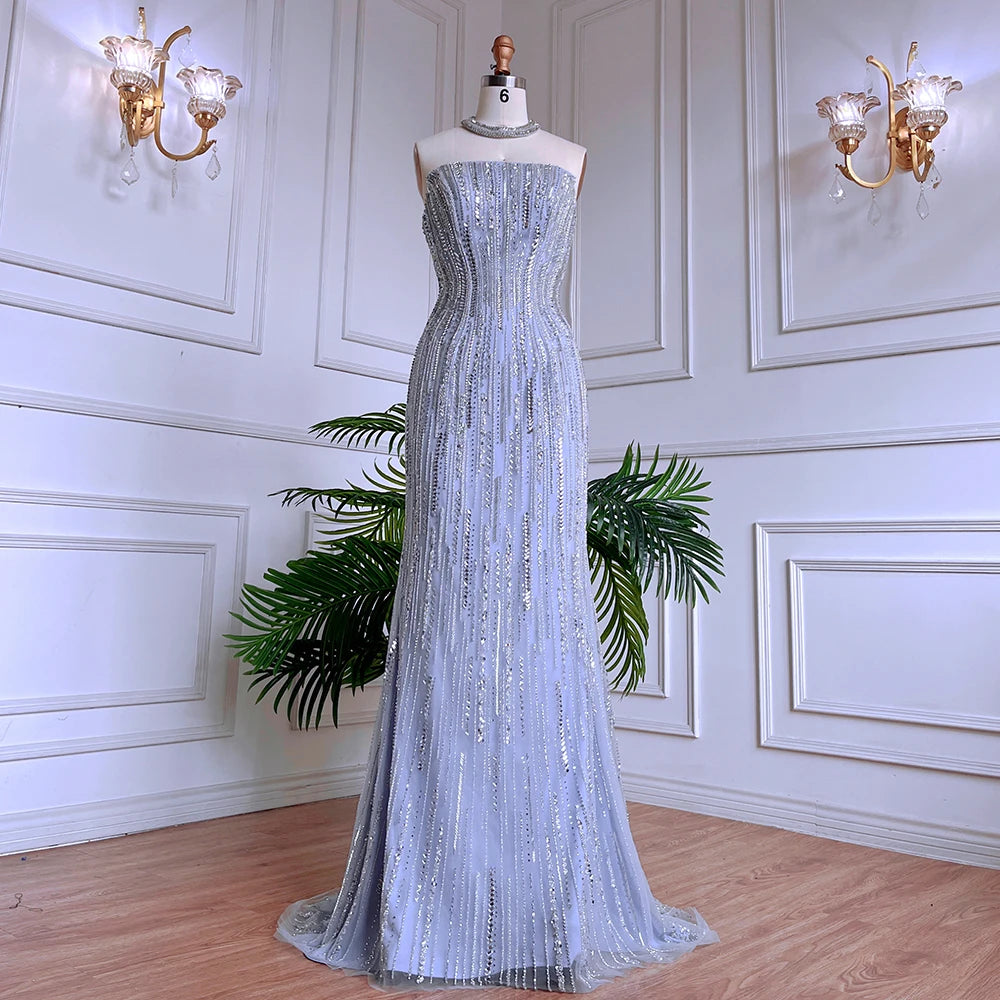 Luxury Dubai Arabic Blue Mermaid Balloon Sleeves Beaded Evening Dresses LA71823 - SERENE  HILL