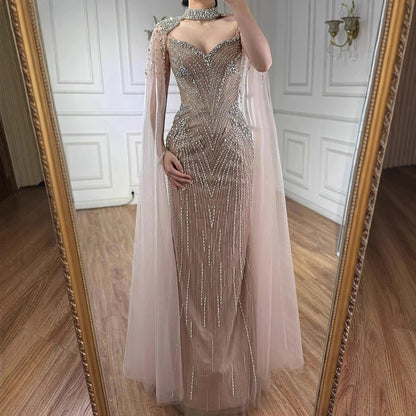 Luxury Arabic Nude Beaded Evening Dress with Cape Sleeves LA73173 - SERENE HILL