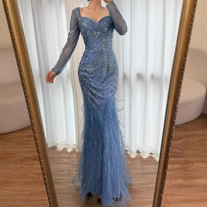 Arabic Blue Feather Beaded Mermaid Evening Dress for Women LA71818 - SERENE HILL