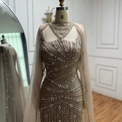 Luxury Caramel Mermaid Evening Dress with Cape Sleeves LA73052 - SERENE HILL