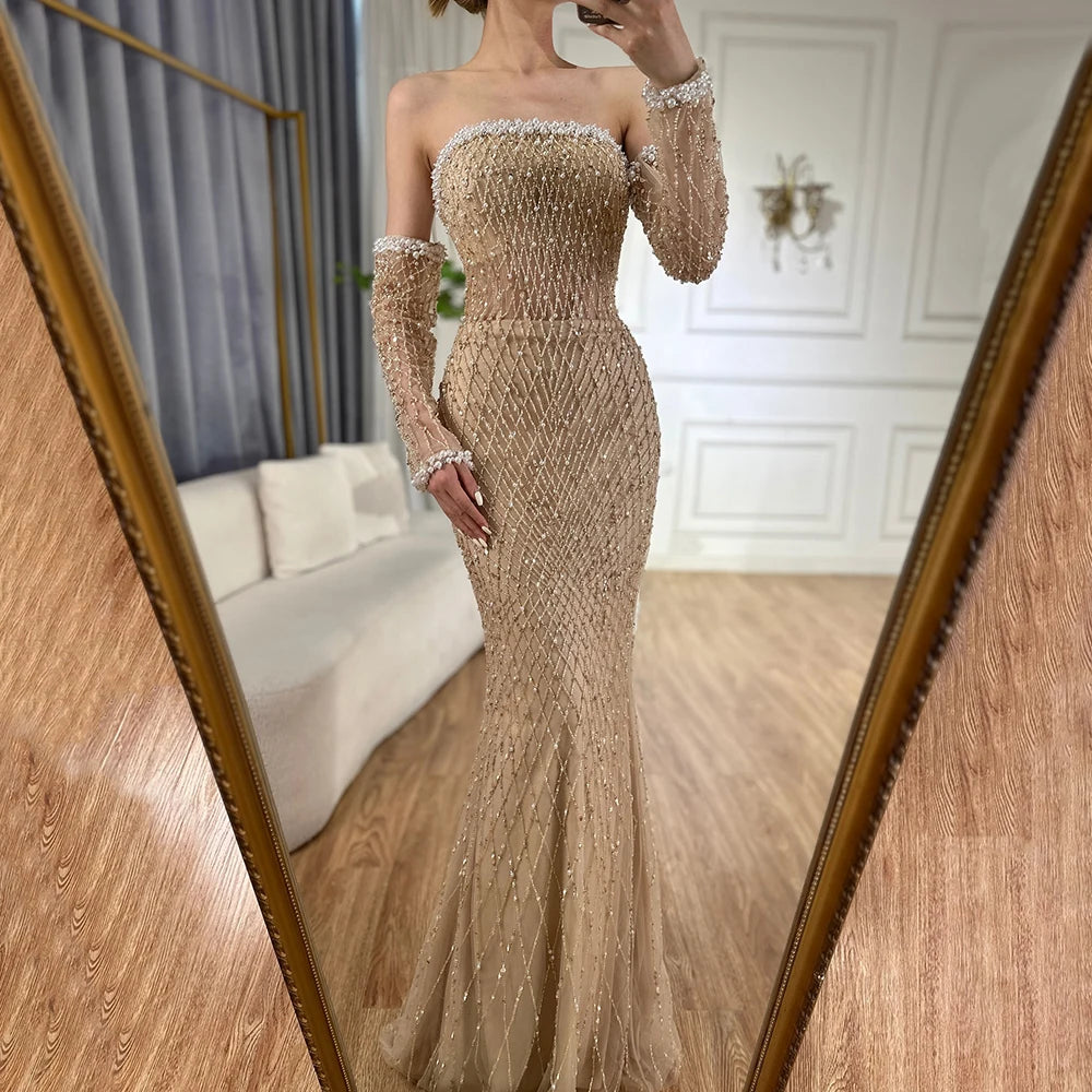Dubai Elegant White Nude Beaded Evening Dress with Gloves LA72649 SERENE HILL Dubai Elegant White Nude Beaded Evening Dress with Gloves LA72649 SERENE HILL