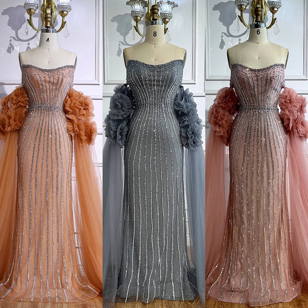 Luxury Pink Beaded Mermaid Arabic Evening Dress with Cape LA73019 - SERENE HILL