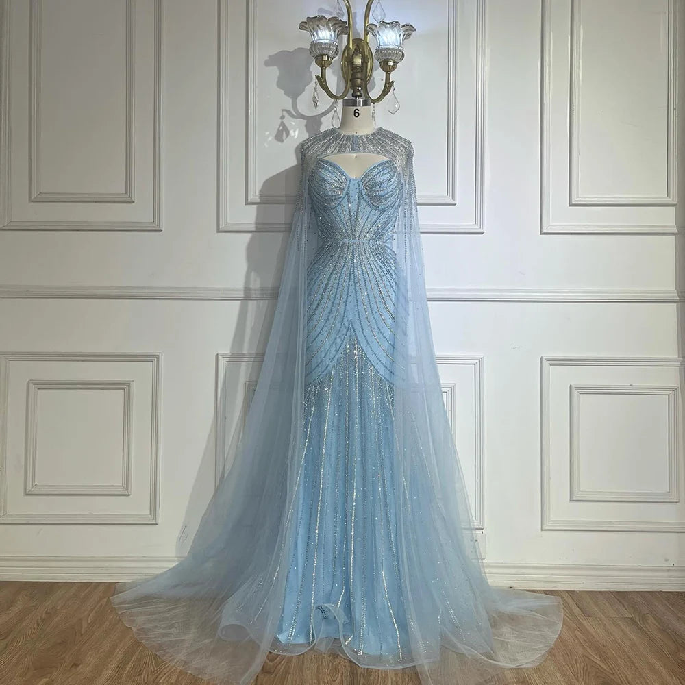 Luxury Blue Beaded Evening Gown with Detachable Cape LA72784 - SERENE HILL