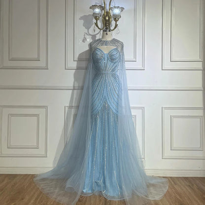 Luxury Blue Beaded Evening Gown with Detachable Cape LA72784 - SERENE HILL