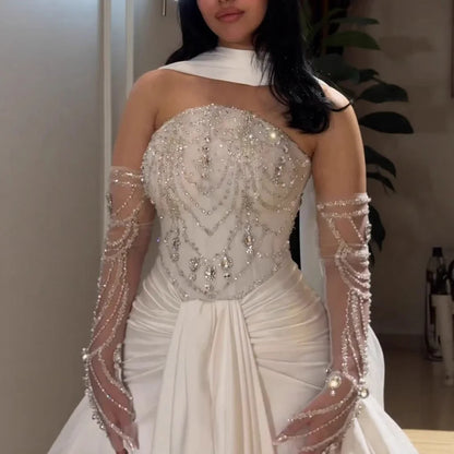 White Beaded Evening Dress with Gloves LA73086 - SERENE HILL