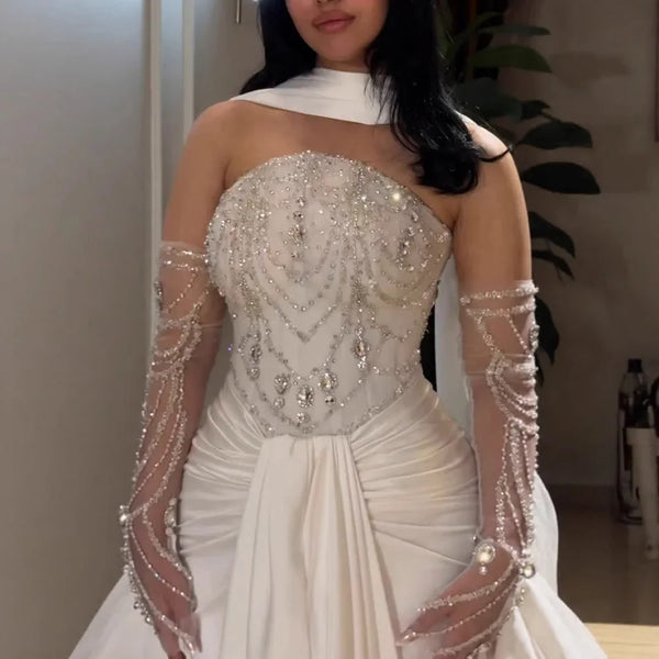 White Strapless Beaded Evening Dress with Gloves LA73086