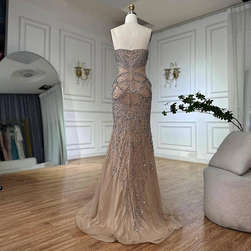 Luxury Nude Cape Sleeves Beaded Crystal Evening Dress LA72806 - SERENE HILL