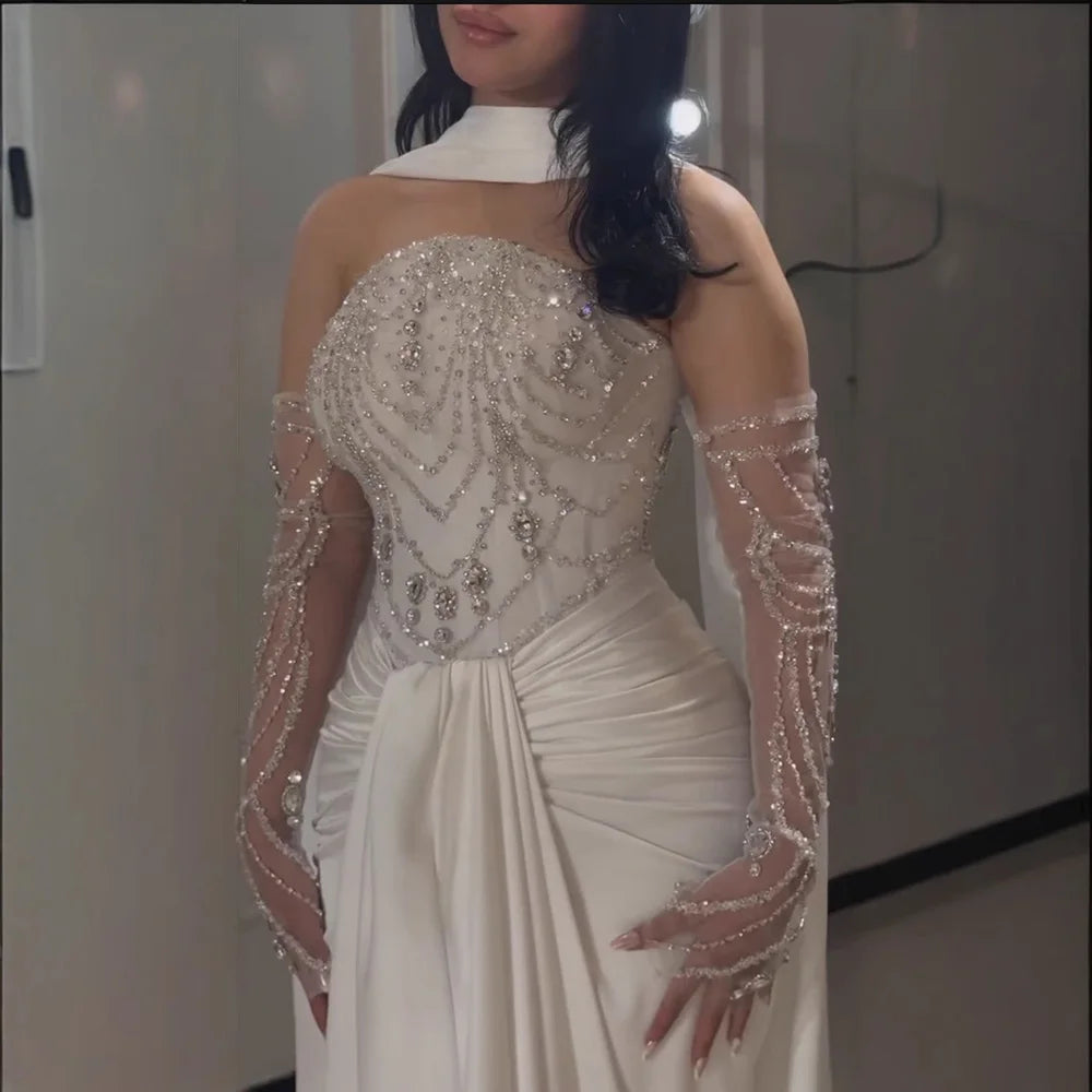 White Beaded Evening Dress with Gloves LA73086 - SERENE HILL