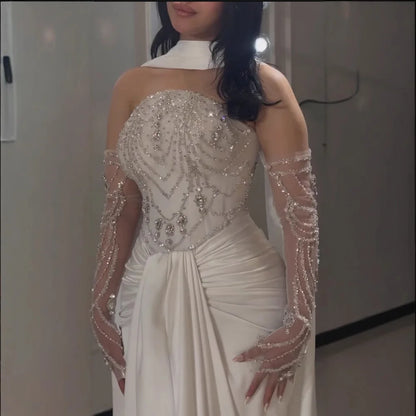 White Beaded Evening Dress with Gloves LA73086 - SERENE HILL