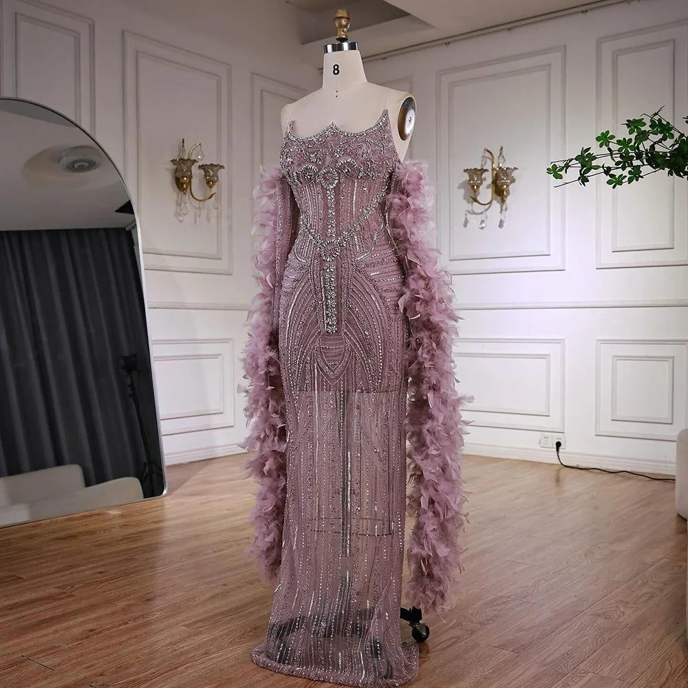 Luxury Caramel Beaded Evening Dress with Feather Sleeves LA73055 - SERENE HILL