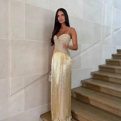 Luxury Arabic Gold Mermaid Beaded Tassel Evening Dress LA73446 - SERENE HILL