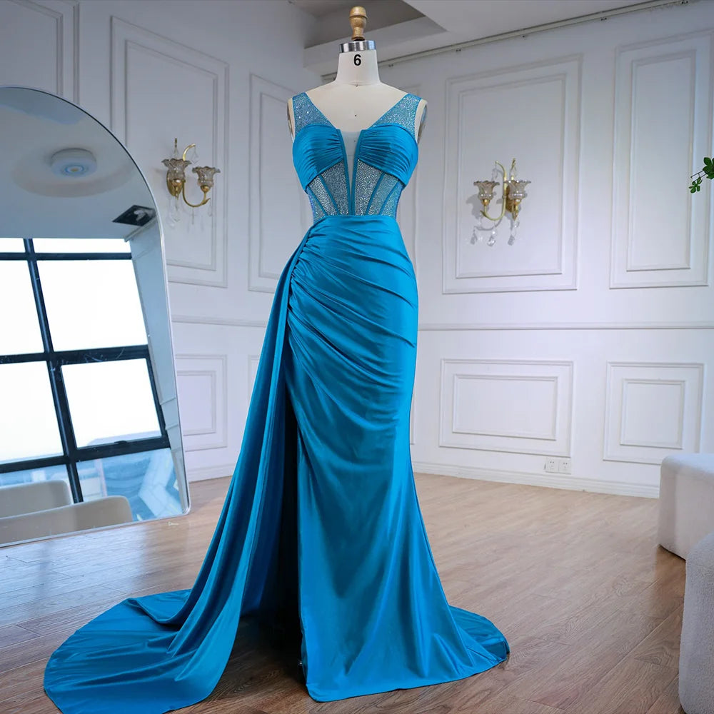 Blue Prom Dress with Side Overskirt Spaghetti Straps LA73011 - SERENE HILL