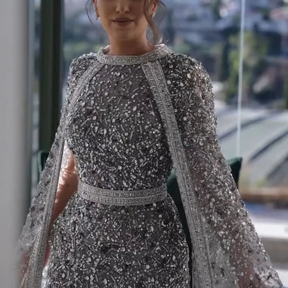 Luxury Gray Arabic Mermaid Evening Dress with Cape LA72180 - SERENE HILL