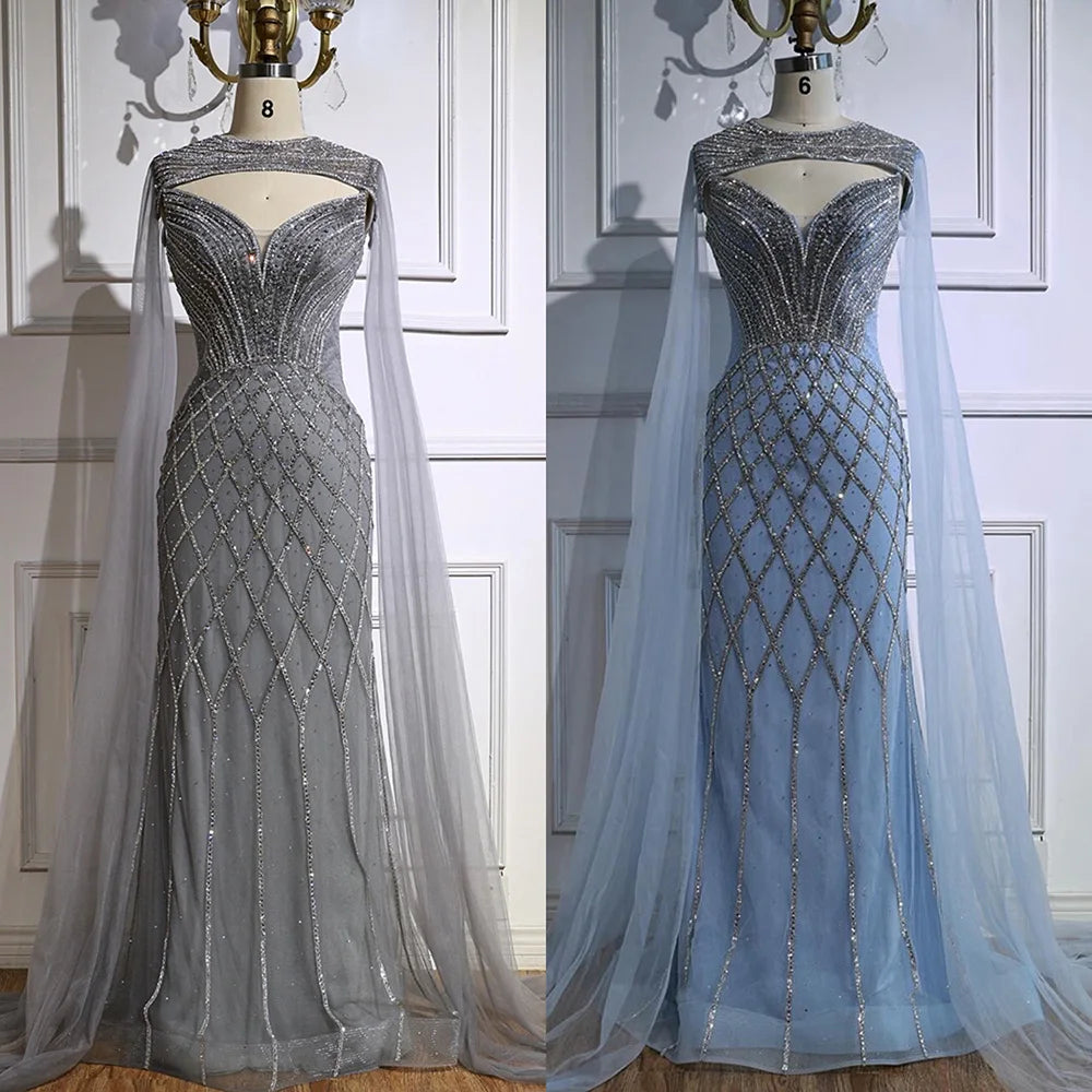 Luxury Nude Beaded Mermaid Evening Dress with Cape LA72814 - SERENE HILL