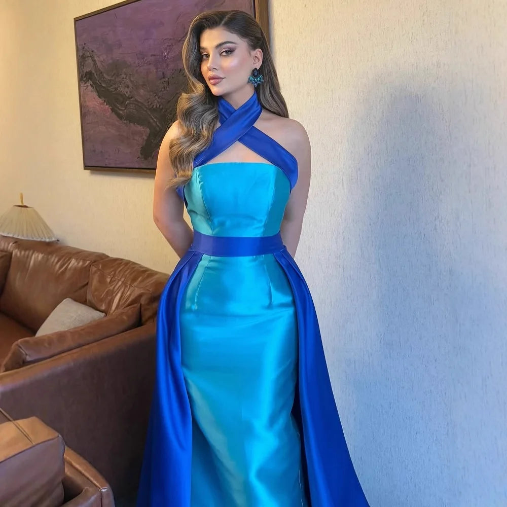 Blue Contrast Turquoise Evening Dress with Overskirt LA72197 - SERENE HILL