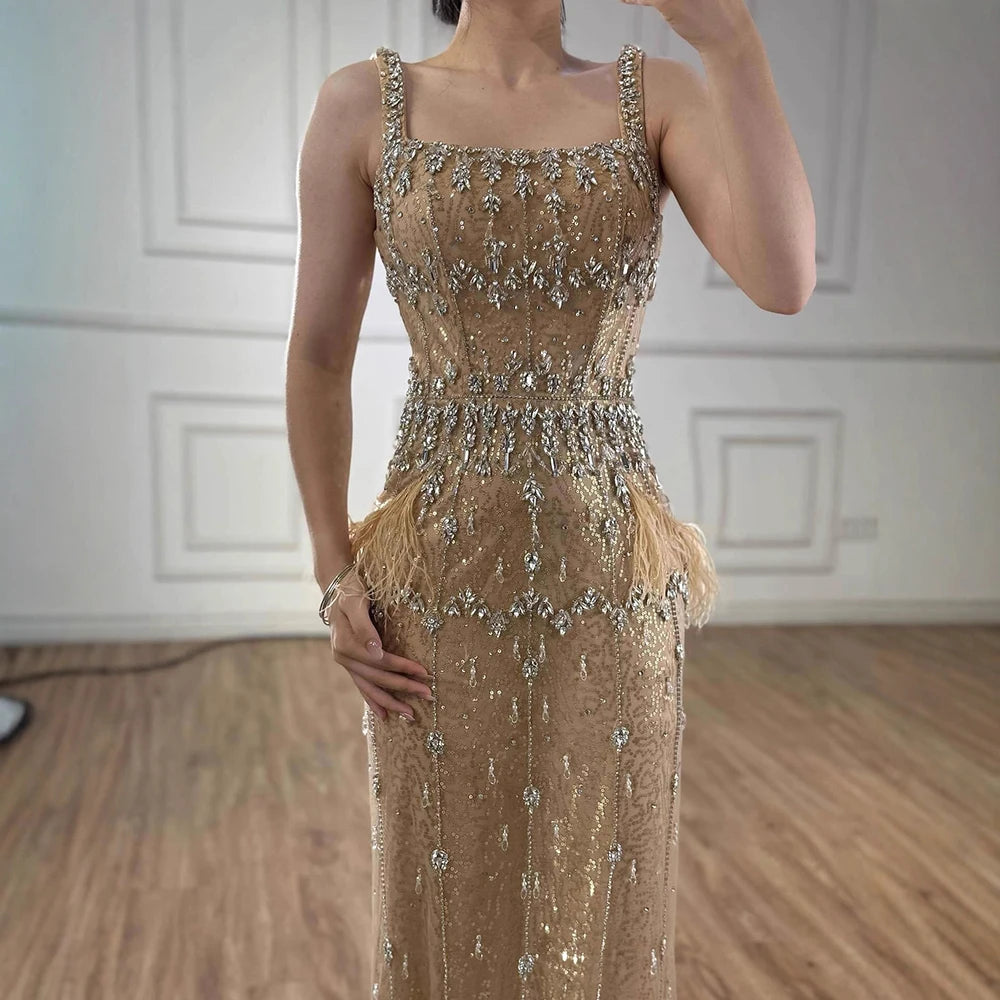 Bling Gray Mermaid Feather Arabic Midi Evening Dress with Cape LA72334 - SERENE HILL