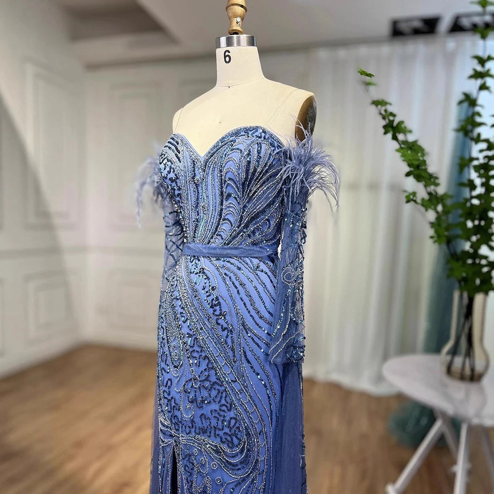 Luxury Arabic Nude Mermaid High Split Feather Beaded Evening Dress LA71910 - SERENE HILL