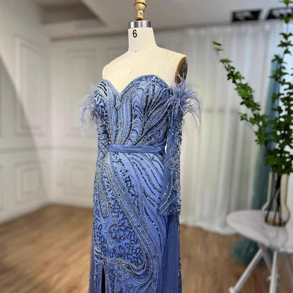 Luxury Arabic Nude Mermaid High Split Feather Beaded Evening Dress LA71910 - SERENE HILL