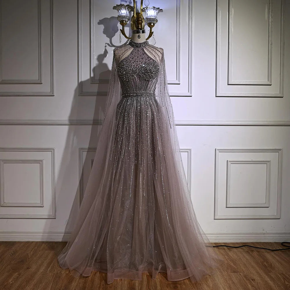 Luxury Beaded A-Line Evening Dress with Cape Sleeves LA73054 - SERENE HILL