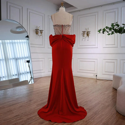 Designer Red Satin Evening Dress with Bow LA73060 - SERENE HILL