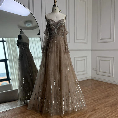 Luxury Caramel Crystal Beaded Long Sleeve Mermaid Evening Dress LA73130 - SERENE HILL