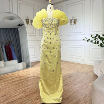 Luxury Dubai Elegant Yellow Saudi Arabic Ankle Length Evening Gown Beaded Dress for Formal Occasion LA72756 - SERENE HILL