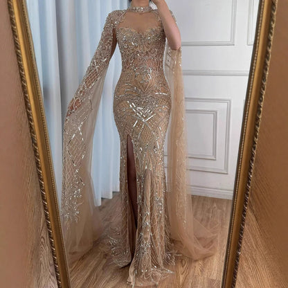 Luxury Nude Beaded Mermaid Evening Dress with Cape LA71747 - SERENE HILL