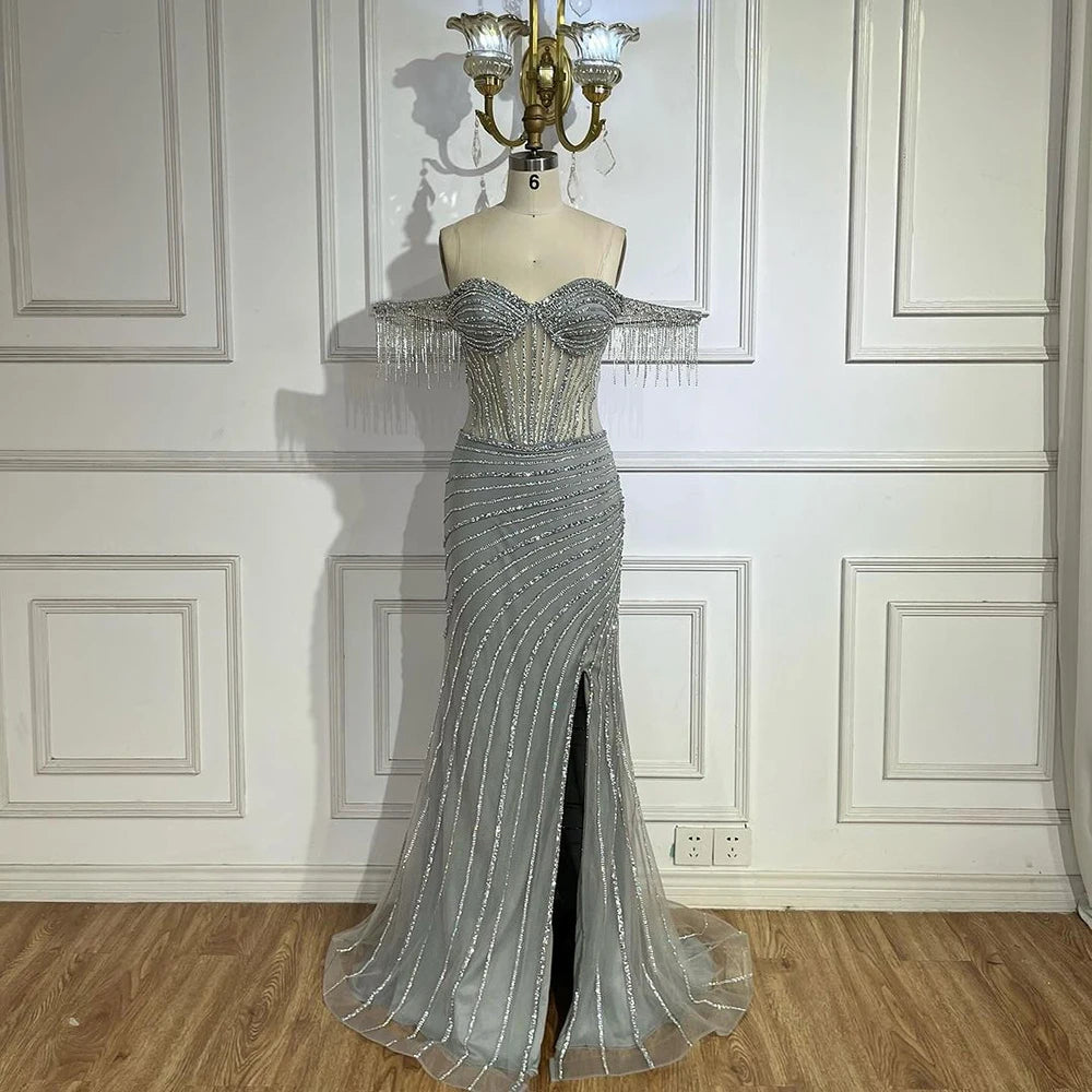 Silver Nude Beaded Tassel Boat Neck Mermaid Evening Dress with Split LA72391 - SERENE HILL